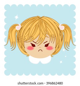 Flat cartoon vector icon. Illustration of kawaii blonde girl with ponytails. Portrait, avatar, card. Moody baby girl, grumpy. Isolated on background with sparkles. Yellow, blue, pink, white