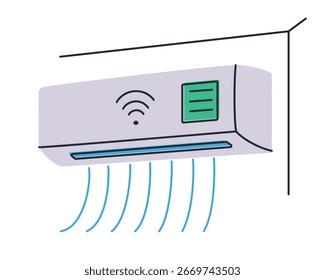 Flat cartoon vector illustration of air conditioner with wifi control, smart home system. Modern cooling device for temperature comfort, home automation, energy saving, technology and lifestyle