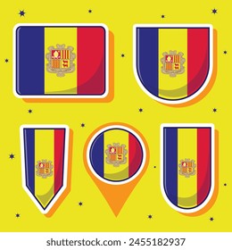 Flat cartoon vector illustration of Andorra national flag with many shapes inside