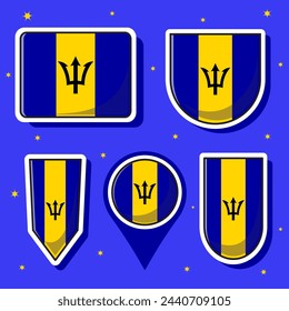 Flat cartoon vector illustration of Barbados national flag with many shapes inside