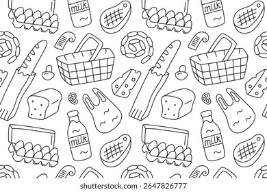Flat cartoon vector illustration black and white pattern with grocery items and supermarket basket. Outline seamless design for food packaging, shopping prints, meal planning, retail, kitchen visuals