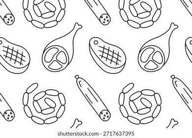 Ilustração plana do vetor do desenho animado do padrão do produto de carne preto e branco com bifes, pernas de frango, salsichas e presunto, tema de comida simples, design sem emenda para projetos de embalagem, menus e açougue