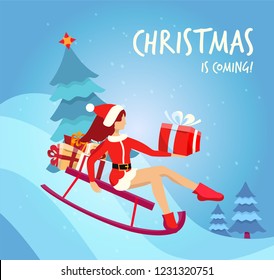 Flat cartoon vector illustration blond slender girl in traditional costume of Santa Claus slides down the hill on a red sled with christmas tree. Handwritten christmas is coming Greeting card.