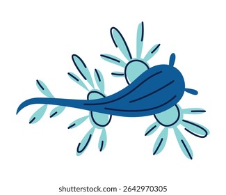 Flat cartoon vector illustration of blue dragon sea slug with elegant fins and vibrant colors. Exotic marine mollusk character for ocean themed designs, educational materials, kids books, posters