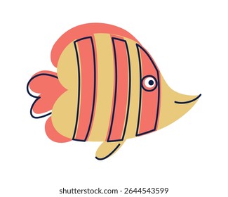 Flat cartoon vector illustration of bright striped butterfly fish character. Colorful tropical marine animal in cute kids style for ocean themed designs, educational materials, nursery decor, posters