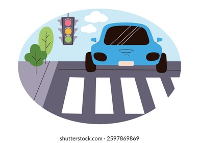 Flat cartoon vector illustration of car stopped on pedestrian crossing, front view. Traffic light above road. Simple childrens compostion, city scene with sidewalk. Transportation and road safety