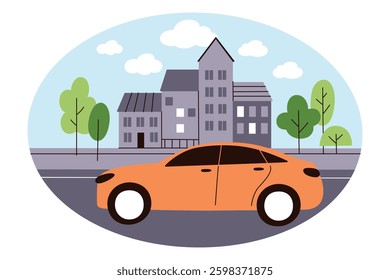 Flat cartoon vector illustration of car driving on city street. Buildings and trees on background. Simple childrens style. Urban transportation scene, safety road and traffic rules, colored clipart