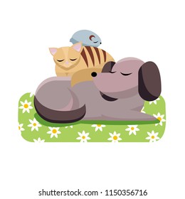 Flat cartoon vector illustration cat and chinchilla sleeps comfortably on dog. Sweet dreams of furry friends. Cute best friends sleeping dog, cat, hamster on daisy dog mat on white background