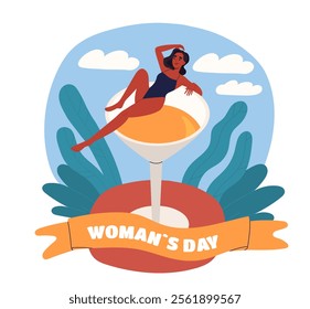 Flat cartoon vector illustration celebrating Womans Day featuring a woman relaxing on a giant cocktail glass surrounded by leaves and a festive banner. Concept of empowerment, celebration, elegance.