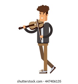 Flat cartoon vector illustration of a classic musician or a violinist. Talented person playing on violin. Young male violinist isolated on white background.