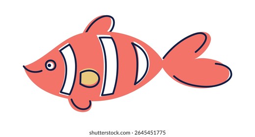 Flat cartoon vector illustration of clownfish character in bright kids style. Orange and white fish icon, striped tropical marine animal for ocean childrens designs, education, underwater life