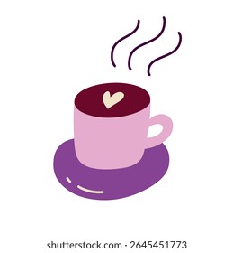 Flat cartoon vector illustration of coffee cup in doodle style. Hand drawn hot drink with steam for cafe menus, morning routine, food packaging, cozy lifestyle, coffee break and beverage themes