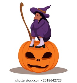 Flat cartoon vector illustration. Collection of cute girl witch in costume, sit on pumpkin with her broom. Set with girl wearing costume witch isolated on white background.