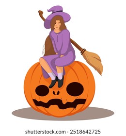 Flat cartoon vector illustration. Collection of cute girl witch in costume, sit on pumpkin with her broom. Set with girl wearing costume witch isolated on white background.