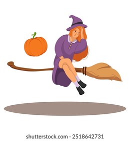 Flat cartoon vector illustration. Collection of cute girl witch in costume, flying by her broom and pumpkin. Set with girl wearing costume witch isolated on white background.