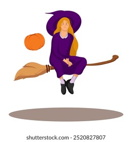 Flat cartoon vector illustration. Collection of cute girl witch in costume, flying by her broom and pumpkin. Set with girl wearing costume witch isolated on white background.