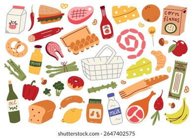 Flat cartoon vector illustration collection of groceries and supermarket food items. Doodle style set with vegetables, dairy, bakery, pantry goods and shopping basket for food packaging