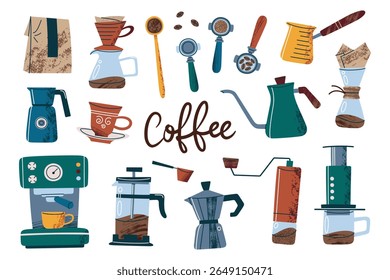 Coleção de ilustração de vetor de desenhos animados plano de casa e café fazendo acessórios com letra de café manuscrita. Espresso máquina, moedores, derramar sobre ferramentas, elementos barista e cozinha