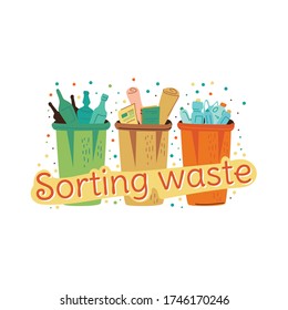 Flat cartoon vector illustration of colorful trash bins with various types of garbage and sorting waste inscription as banner for modern ecological campaign