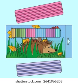 Flat cartoon vector illustration of colorful modeling clay set in autumn theme box with hedgehog and leaves. School art supplies for kids creativity. For back to school educational stationery concept.