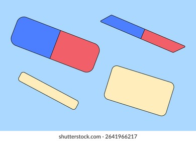Flat cartoon vector illustration of an colorful erasers set on blue background. For back to school stationery concept, education visual, educational theme, and classroom decor.