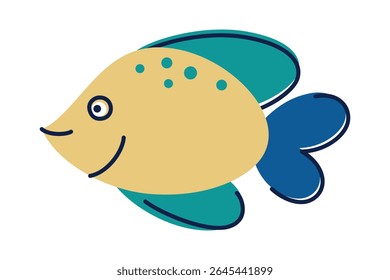 Ilustração de vetor de desenhos animados planos de peixes tropicais coloridos com corpo amarelo, barbatanas azuis e verdes. Animais marinhos exóticos em estilo crianças brilhantes para temas subaquáticos, produtos infantis, educação oceânica