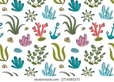 Flat cartoon vector illustration of colorful sea bottom pattern with algae, corals, anchor and shells, bright kids style, playful mood, seamless design for children prints, ocean marine life