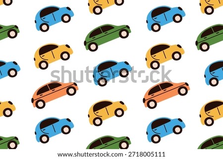 Flat cartoon vector illustration of colorful car pattern in naive kids doodle style, simple playful vehicles, cheerful child mood, seamless decorative design for children prints, nursery decor