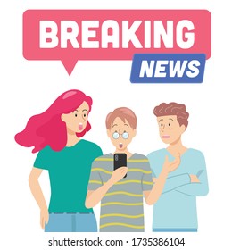 Flachkartoon Vektor Illustration Konzept von Menschen lesen oder sehen, die Nachrichten auf Smartphone. Ideen für Unternehmen, soziale Fragen, Ausbruch
