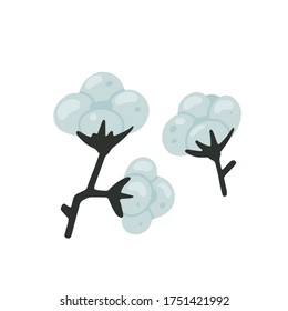 Flat cartoon vector illustration with cotton plant, hand drawn style, isolated on white. Positive, love, beauty and wellness concept.
