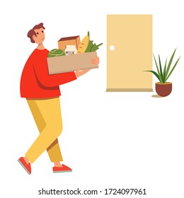 Flat cartoon vector illustration courier. Food delivery red and yellow on white background