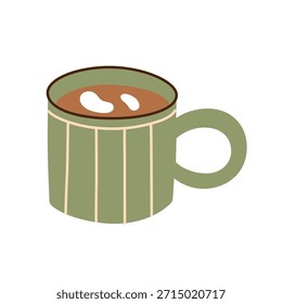 Flat cartoon vector illustration of cozy ceramic mug with coffee or tea, warm home atmosphere, simple minimal style, calm comfort mood for cafe graphics, cozy decor projects, hot beverage icon