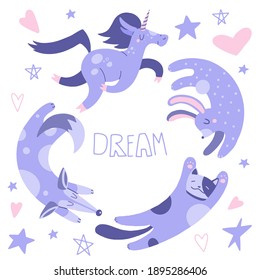 Flat cartoon vector illustration with cute unicorn, cat, fox and rabbit, hand drawn style. Isolated on white. Delicate, dreamy mood, pastel colors.
