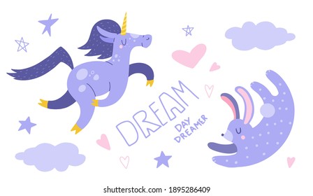 Flat cartoon vector illustration with cute unicorn and rabbit, hand drawn style. Isolated on white. Delicate, dreamy mood, pastel colors.
