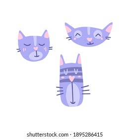 Flache Cartoon Vektorgrafik mit süßen Muzzles von Katzen, handgezeichnet Stil. Einzeln auf Weiß. Delikate, traumhafte Stimmung, pastellfarbene Farben.