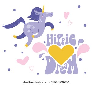 Flat cartoon vector illustration with cute unicorn, hand drawn style. Hippie dream. Isolated on white. Delicate, dreamy mood, pastel colors.