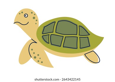 Flat cartoon vector illustration of cute sea turtle character in bright kids style. Simple colorful marine animal design for childrens products, educational materials, games, posters, nursery decor