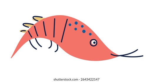 Flat cartoon vector illustration of cute shrimp character with smiling face. Bright marine animal in playful kids style for childrens products, seafood themes, educational materials, nursery decor