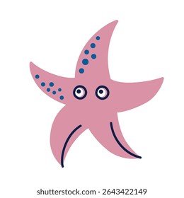 Flat cartoon vector illustration of cute starfish character with eyes. Bright marine animal in kids style for childrens products, educational materials, beach themed designs, posters, nursery decor
