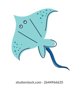 Flat cartoon vector illustration of cute stingray character in bright kids style. Smiling marine animal for ocean themed childrens designs, educational materials, posters, nursery decor, games