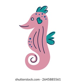 Ilustração de vetor de desenhos animados plano de cavalo marinho bonito em estilo crianças brilhantes. Caráter marinho colorido com cauda e barbatanas enrolado para desenhos de crianças do oceano, educação subaquática, decoração de aquário, vida marinha