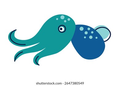 Flat cartoon vector illustration of cute bobtail squid in kids style. Colorful marine character with round body and big eyes for ocean childrens designs, sea life education, underwater decor