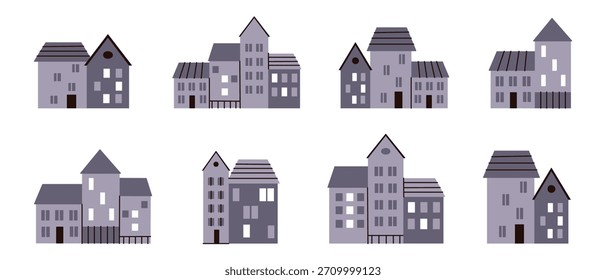 Ilustración vectorial plana de dibujos animados, lindas casas de la ciudad con techos y ventanas simples, Elementos minimalistas doodle para el diseño de fondo, sentimiento urbano, colección decorativa para proyectos creativos