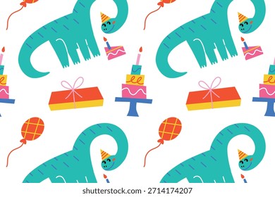 Ilustración vectorial plana de la historieta, modelo lindo del cumpleaños del dinosaurio del diplodocus con los sombreros del partido, velas de la torta, regalos, diseño inconsútil alegre juguetón para envolver el papel, las tarjetas y los proyectos festivos
