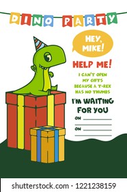 Flat Cartoon Vector Illustration with dinosaur for greeting card. Party invitation with T-Rex. Cute Animal Character: Line Art Little Tyrannosaurus  in a festival cap sits on a gift and asks for help.