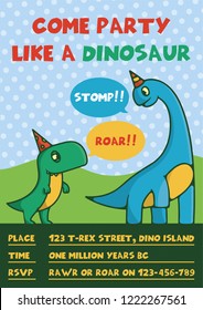 Flat Cartoon Vector Illustration with dinosaur for greeting card. Party invitation with T-Rex and Brachiosaurus. Cute Animal Character: Line Art Little Tyrannosaurus Rex and Diplodocus