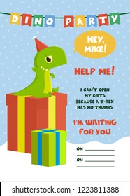 Flat Cartoon Vector Illustration with dinosaur for greeting card. Party invitation with T-Rex. Cute Animal Character: Line Art Little Tyrannosaurus in a festival cap sits on a gift and asks for help.