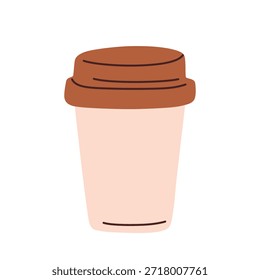 Flat cartoon vector illustration of disposable coffee cup with lid for hot drinks, simple minimal style, everyday cafe object, modern takeaway coffee, branding, packaging and food service projects