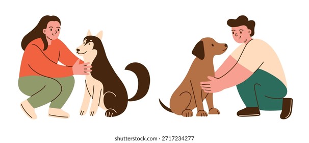 Flache Cartoon-Vektorgrafik von Hundebesitzern mit Haustieren, Frau mit Husky und Mann mit Labrador, die Hunde kauern und streicheln, freundliche soziale Szene, warme Lifestyle-Stimmung für Haustierpflege, Wandern