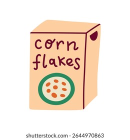 Ilustração vetor de desenho animado plano de flocos de milho doodle embalagem de café da manhã. Design colorido divertido para rótulos de alimentos, caixas de cereais para crianças, refeições matinais, marca de supermercado, alimentação saudável t ícone